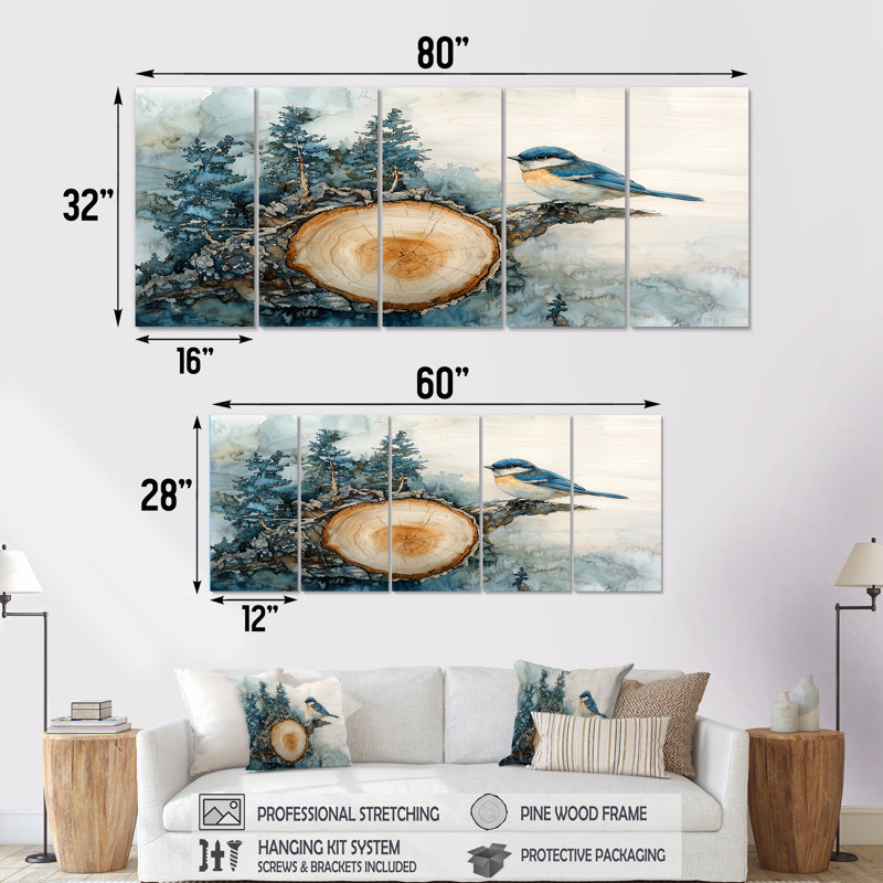 Oiseaux bleus sur une glissade en bois I - Art mural oiseau - décoration murale moderne, H 28 po x l 60 po, 5