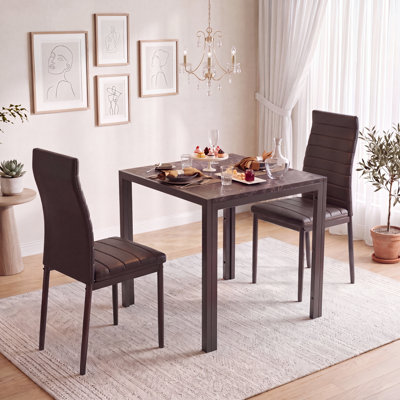 Faux Marble Dining Table Set 3 Piece, Modern Small Kitchen Table with 2 PU Upholstered Chairs, Space-Saving Square  Set for Apartment