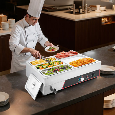 Chauffe-plats commercial, réchaud électrique à vapeur en acier inoxydable de 1500 W avec couvercle, bain-marie à comptoir à chauffage rapide à 6 plaques avec cordon d'alimentation, pour la restauration, le restaurant, la fête et les buffets