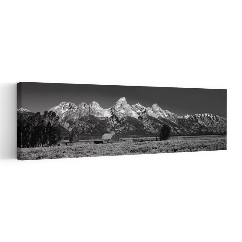 Barn On Plain Before Mountains Grand Teton National Park Wyoming USA by Terry Thompson - Wrapped Canvas Panoramic Print