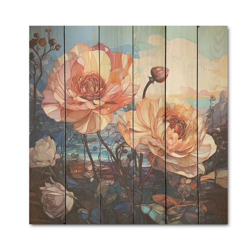 «Beige Roses Open Out - Flower Field», art mural sur bois de pin naturel, H 36 po x l 36 po