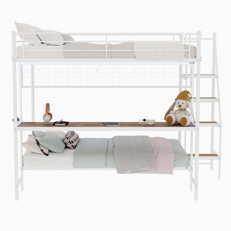 Lit superposé double au-dessus d'un lit double avec bureau intégré et éclairage à DEL - conception loft peu encombrante pour enfants et adolescents, structure robuste, assemblage facile, parfait pour les chambres à coucher et les dortoirs