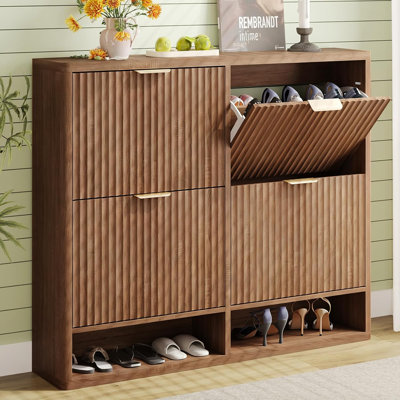 Armoire à chaussures cannelée pour le vestibule avec 4 tiroirs rabattables, armoire à chaussures mince en bois avec poignées en métal et dispositif anti-basculement convenant aux salons, entrées