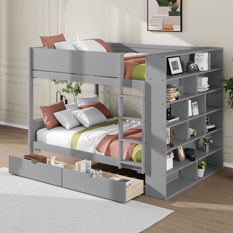 Lit superposé double au-dessus de double avec tablettes de rangement, structure de lit superposé en bois avec 2 tiroirs et armoire à couches multiples