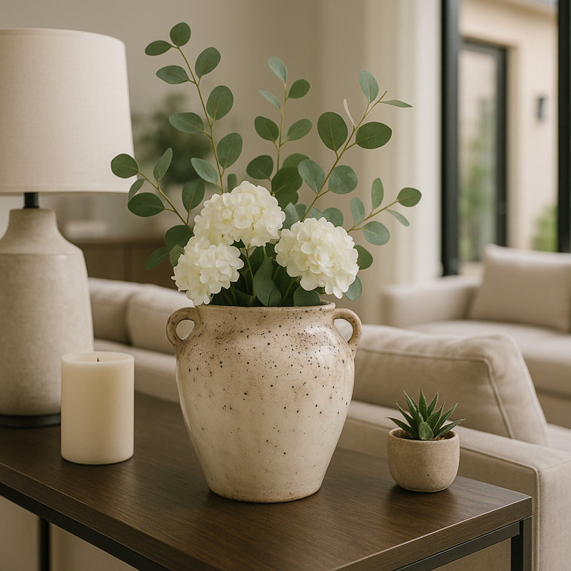 Modern Rustic Terracotta Tall Flower Vase With Speckled Finish - Elevated Home Decor Accent Vases For Table - Ivory/Brown