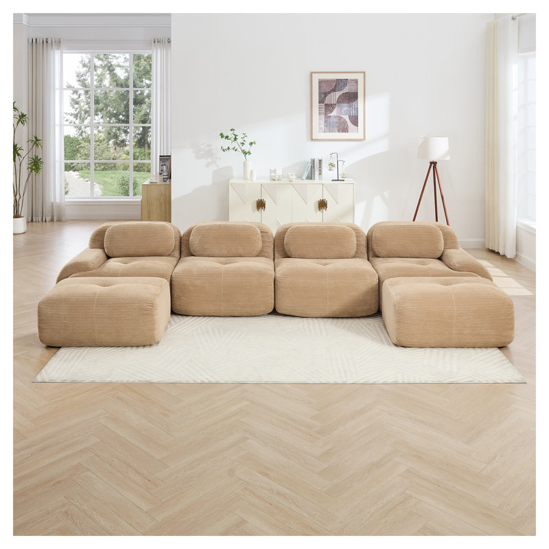 Canapé modulaire en U Camel Corduroy, Velours côtelé brun clair, H 27,5 po x l 151,9 po x P 40,5 po