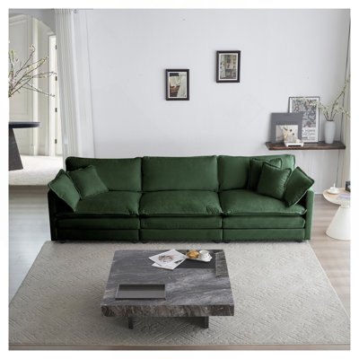 Canapé 3 places de style Mid-Century moderne avec 2 accoudoirs et 3 coussins décoratifs, canapé pour salon en chenille verte