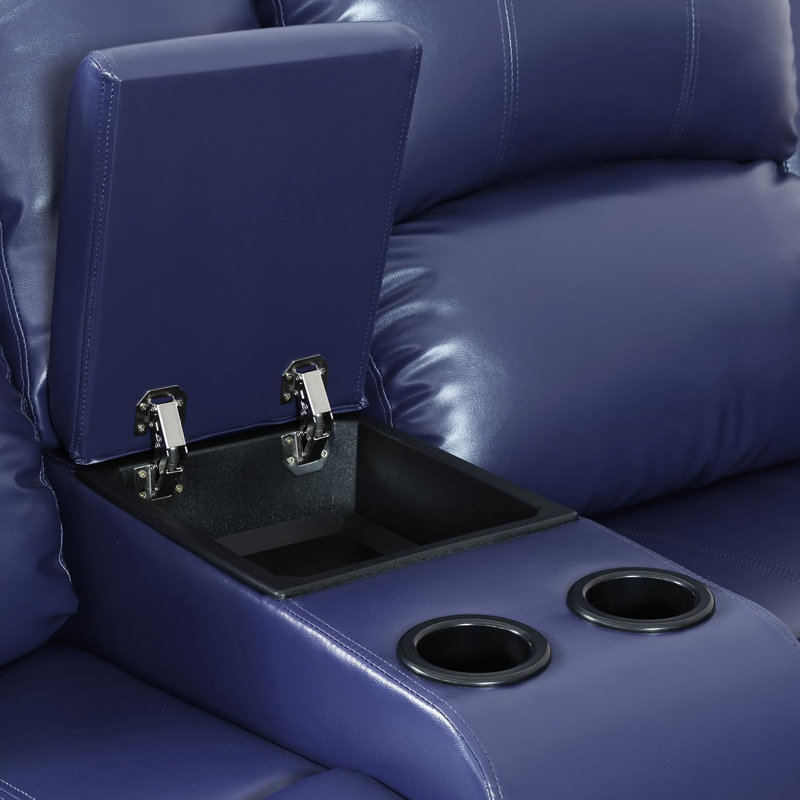 68" Wide Faux Leather Manual Reclining Loveseat Sofa, 2-Seater Recliner Couch With Storage & Cup Holder, Blue
