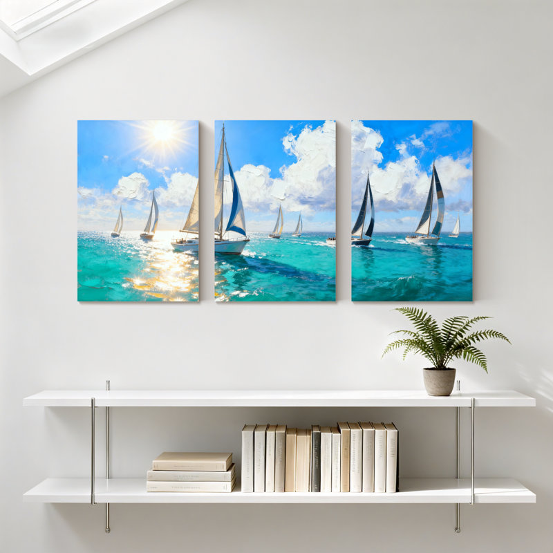 Voiliers nautiques glissant sur des eaux turquoise sous un ciel lumineux, ensemble de 3 impressions sur toile
