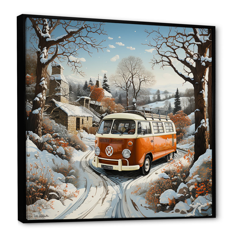 «Hippie Van Charm In Winter», reproduction sur toile, Cadre flottant noir, H 16 po x l 16 po x P 1 po