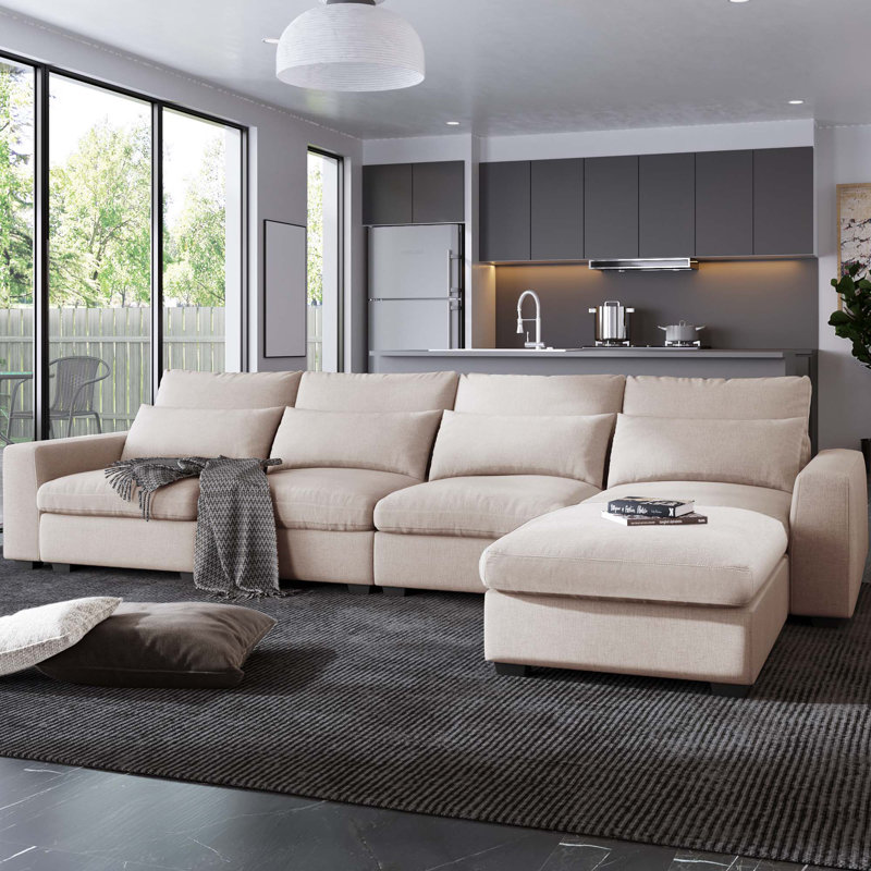 Canapé-lit modulaire moderne en U, canapé-lit convertible avec méridienne réversible, Lin beige Dor Orlando