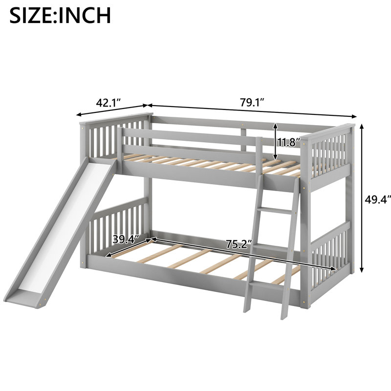 Lit superposé simple gris avec glissière amovible et, option d'économie d'espace pour les petites chambres à coucher, lit en bois de pin, facile à installer, tête de lit à rayures verticales de couleur intégrée, structure, convenable