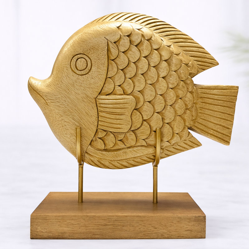 Lucky Fish Handmade Wooden Sculpture with Handcrafted Acacia Base for Office Decor, Christmas Decor & Mother’s Day Gifts – Gift for Mom