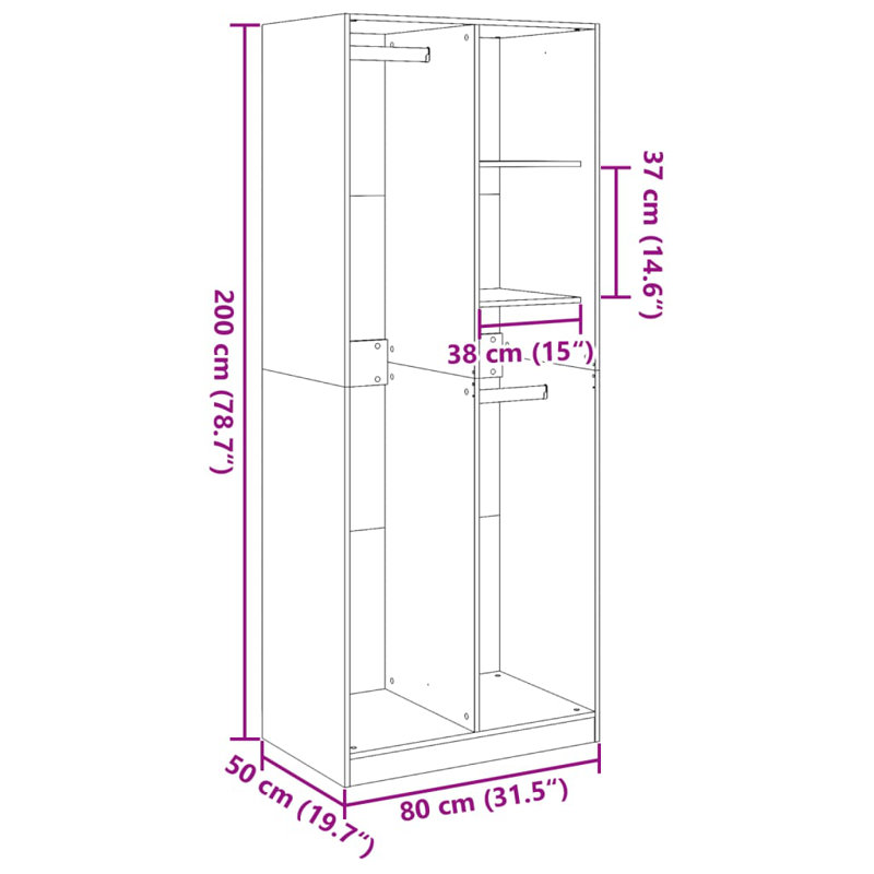 Ruri Manufactured Wood Wardrobe, 80 x 50 x 200 cm, Concrete Grey