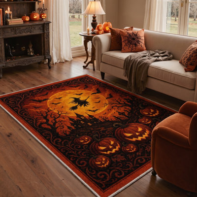 Tapis d'Halloween céleste, noir et orange, lavable à la machine, à poils courts, antidérapant