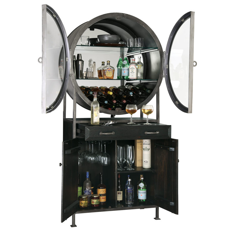 Aged Mocha Hardwood 39.75'' Bar Cabinet with Iron-Finished Frame