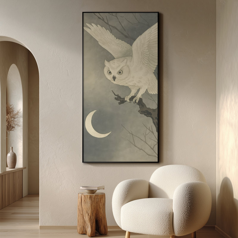 «Snowy White Owl and Crescent Moon Night», reproduction d'art sur toile encadrée - Très grand art mural encadré (assemblage requis)