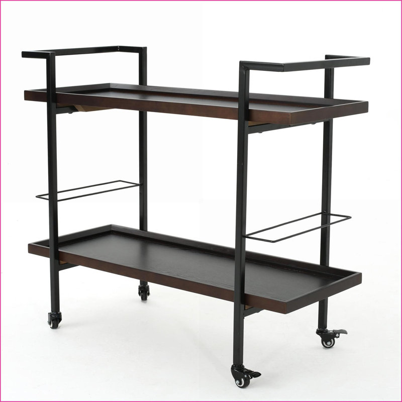 Chariot-bar industriel moderne avec 2 tablettes Porte-bouteilles | Bois, brun noyer, Marron foncé