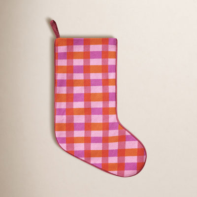 Abstract Plaid Pink Embroidered Holiday Stocking