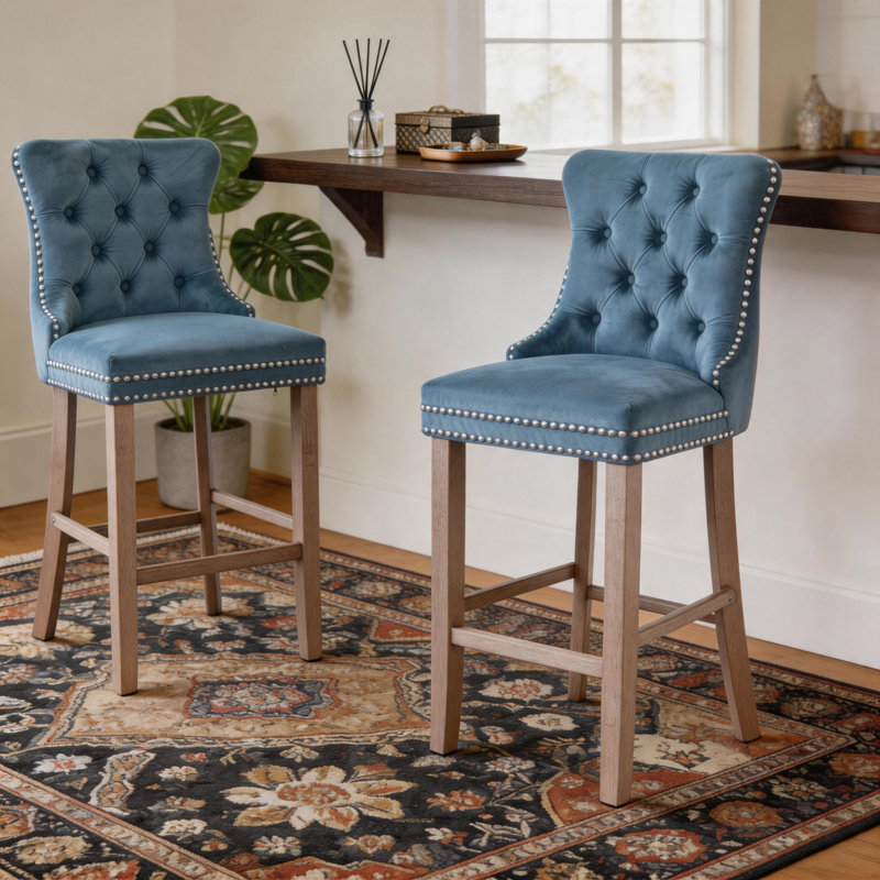  Velvet Kitchen Island Chairs Counter Height Barstools (Set of 2), Natural, Light Blue