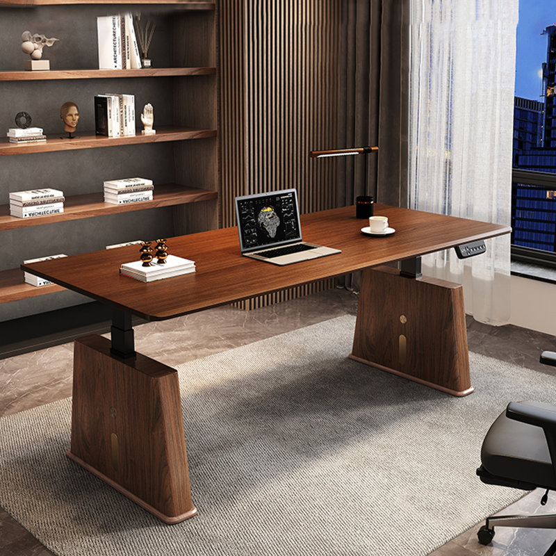 Brun noisette + bureau rectangulaire noir réglable en bois massif + bois manufacturé + acier