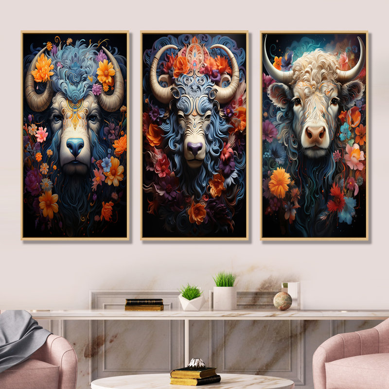 Ensemble de 3 décorations murales Yaks Cosmic Highlanders - Yaks, H 28 po x l 36 po, Cadre flottant brun