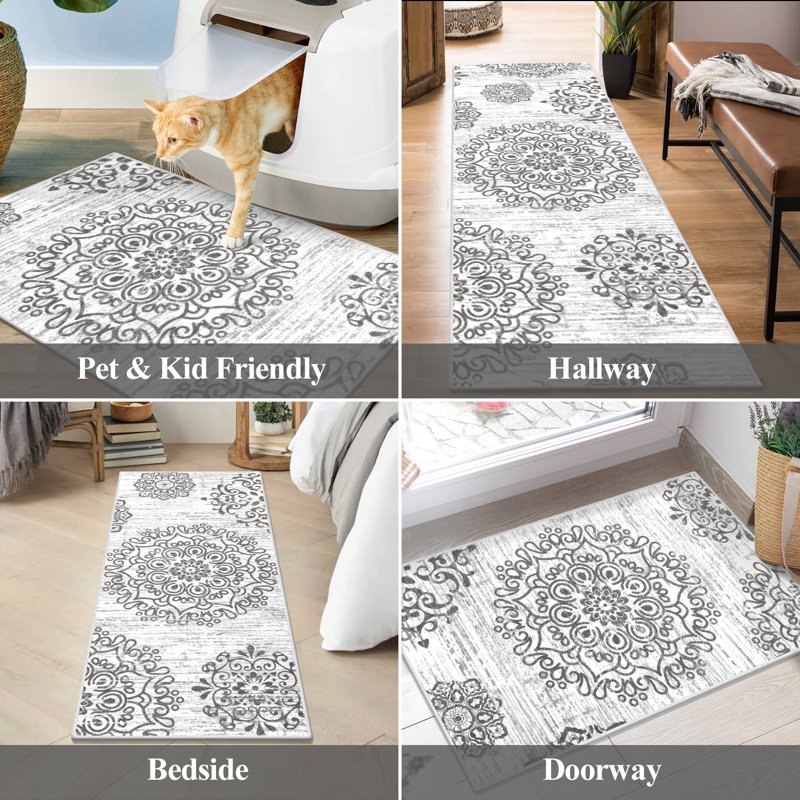 Farmhouse Non-Slip Washable Kitchen Rug Set（Set of 3), Gray