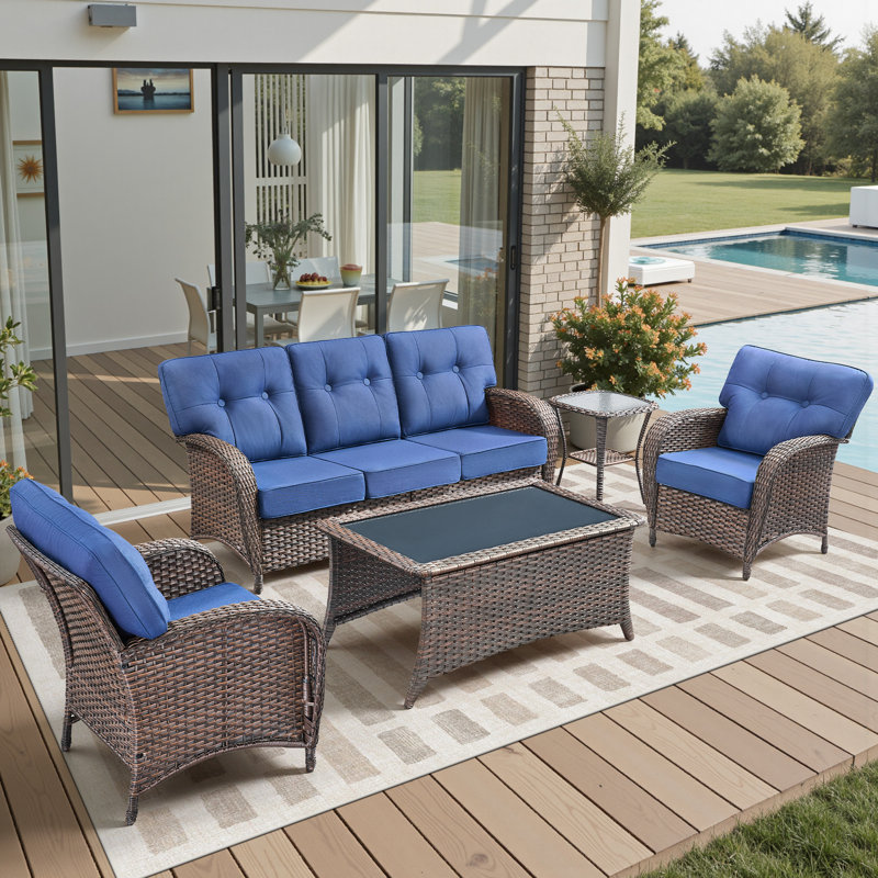 5-Piece Patio Furniture Set, All-Weather Outdoor Seating Set With Club Chairs & Coffee Table, Blue