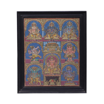 «Large Large Ashta Ganesha Tanjore», peinture | Couleurs traditionnelles avec or 24 carats | Structure en bois de teck