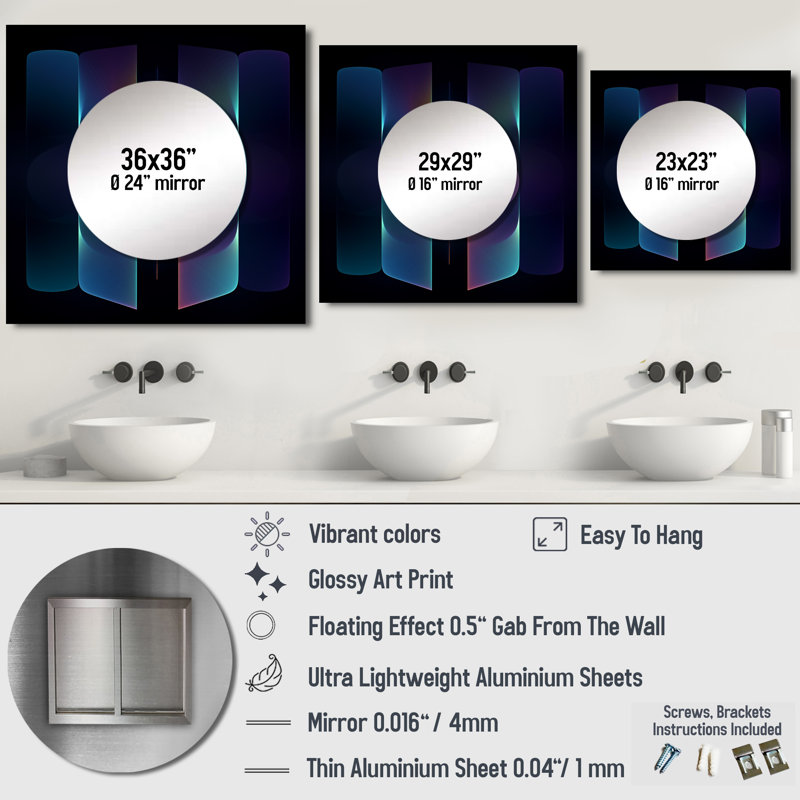Rétro motif géométrique mauve sur fond noir I - art mural moderne à miroir géométrique carré pour salle de bain