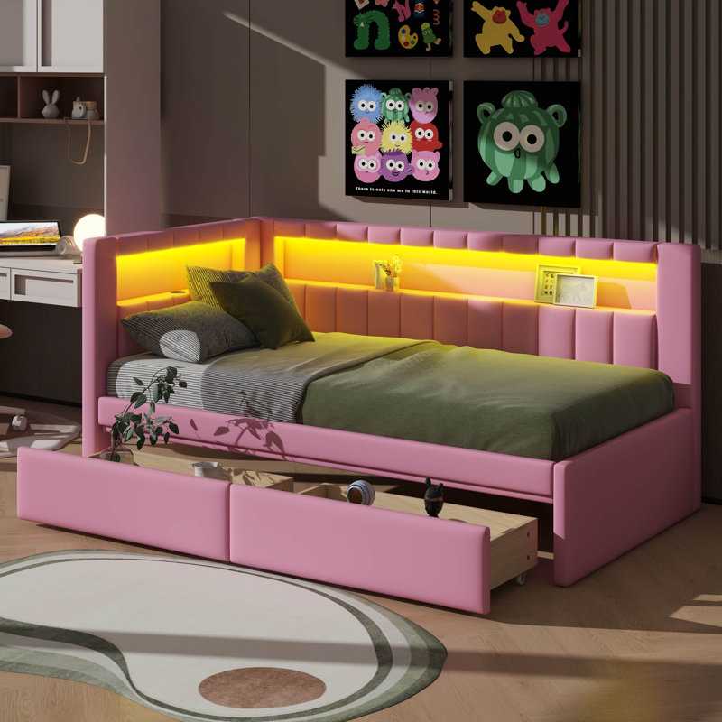 Lit plateforme entièrement rembourré avec connectivité USB, éclairage d'appoint à DEL et tiroirs, Rose