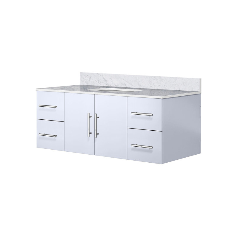 Meuble-lavabo de 48 po x 22 po blanc brillant avec structure en bois massif, mécanisme de fermeture en douceur, compartiment spacieux et tablette, comptoir anti-égratignures, pré-percé pour installation de robinet simple 48 po W