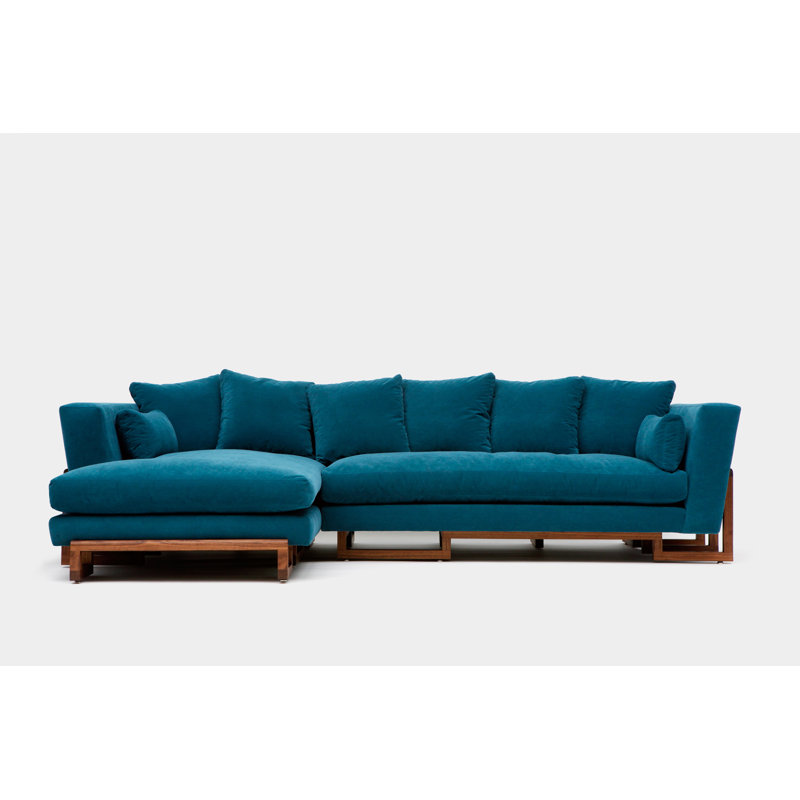 LRG Upholstered L-Shaped Sectional Left Hand Facing, Peacock, Back Side Tray, Solid Walnut
