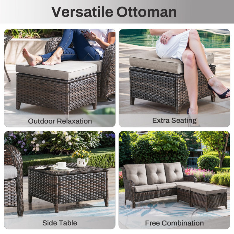 7 - Person Luxury Wicker Patio Furniture Set With Coffee Table & 6-Inch Extra-Thick Cushion Swivel Chairs, Beige, Brown