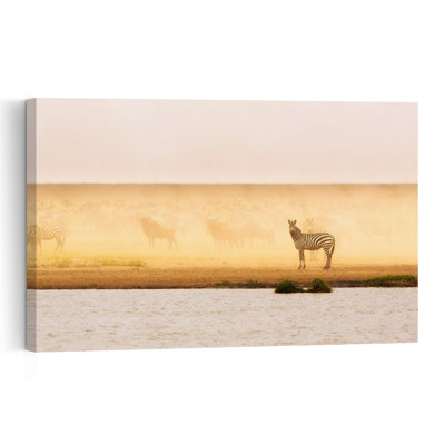Zebras In Golden Dust Peaceful Serene Tranquil Zebra Landscape Nature Wall Art Print 1 Piece Wrapped Canvas Wall Art