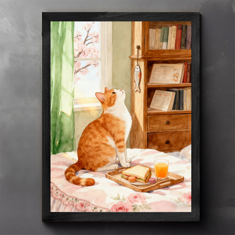 Reproduction d'art encadré noir, rétro, chat chaud, thé d'après-midi, H 25 po x l 17 po