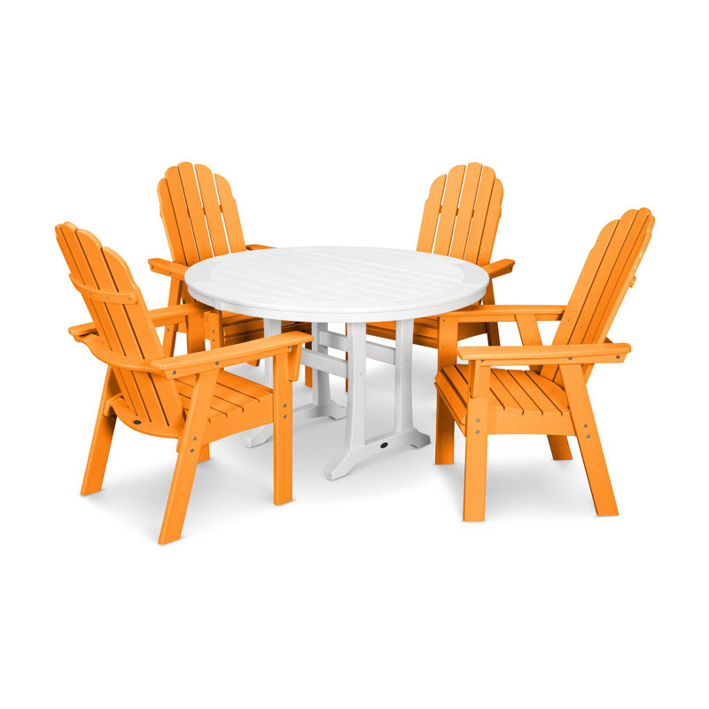 POLYWOOD Vineyard Curveback Adirondack 5-Piece Nautical Trestle Dining Set, Tangerine/White