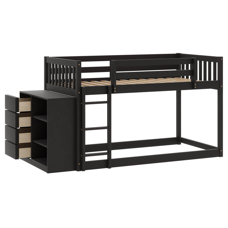 Twin Over Twin Bunk Bed With Drawers And Shelves, Espresso