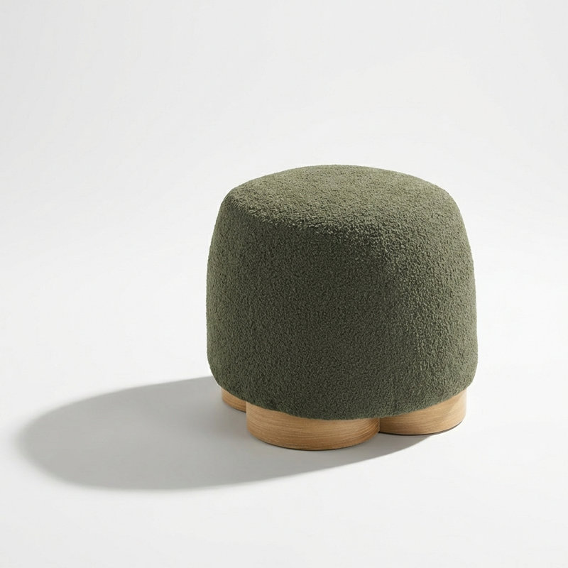 Contemporary Round Upholstered Ottoman with Soft Teddy Fabric and Padded Seat, Olive Green
