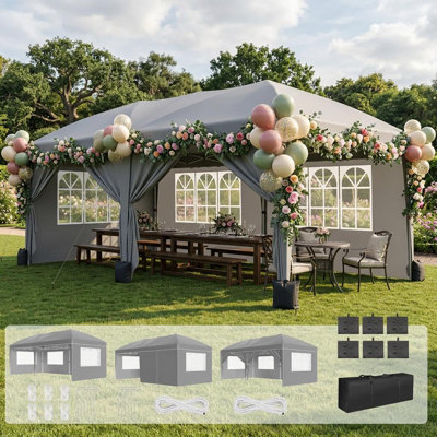 10x20 Heavy Duty Pop Up Canopy Tent with 6 Removable Sidewalls, 420D Waterproof Commercial Party Tent, 3 Heights, 220 lbs Support, Bonus Sandbags, Ropes & Nails