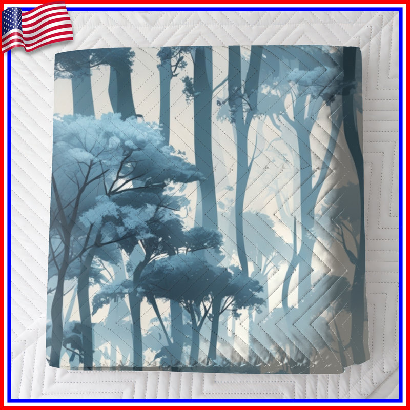 Blue Misty Forest Quilted Bedspread , King