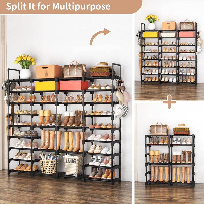 Large Shoe Rack Organizer For Entryway Closet 64-68 Pairs 9-Tier Heavy Duty Tall Garage Shoe Rack Shoe Shelf Shoes Storage With 18 Pcs Removable Side Hooks Black