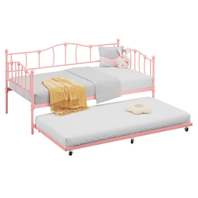 Twin Size Metal Daybed Frame with Trundle, Heart Design Noise Free Platform Sofa Bed with Heavy Duty Steel Slats Support for Bedroom Living Room, Easy Assembly & Space-Saving, Pink