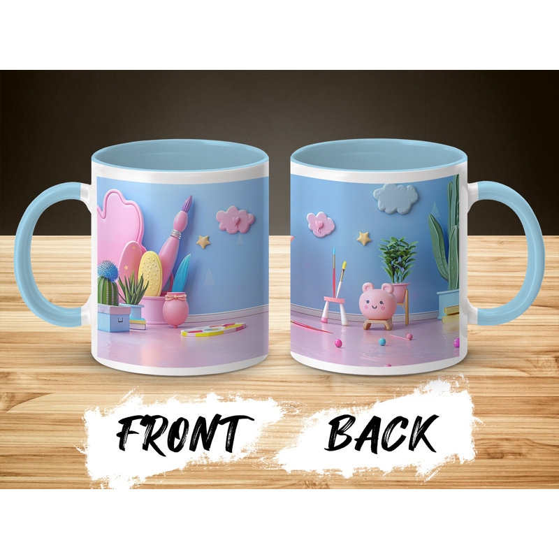 Set of 2 Kids Drawing Style 11oz Accent Mugs – Ceramic Coffee Cups with a Light Blue Handle and Interior
