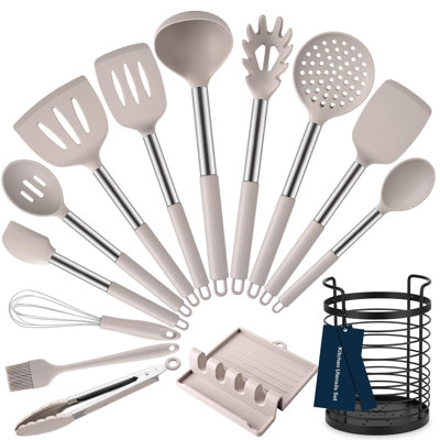 Ustensiles de cuisine en silicone résistant à la chaleur, ensemble d'ustensiles de cuisine, ensemble de spatules, sans BPA, gadgets de cuisine, avec porte-ustensiles en acier inoxydable, lavable au lave-vaisselle, kaki 14 pièces