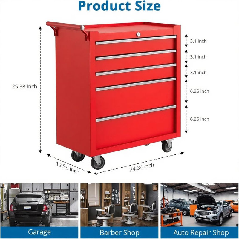 Caisse à outils robuste à 5 tiroirs - Armoire de rangement mobile en métal avec tiroirs et roues verrouillables, poignée latérale, doublure de protection - Garage, atelier, atelier de réparation - rouge