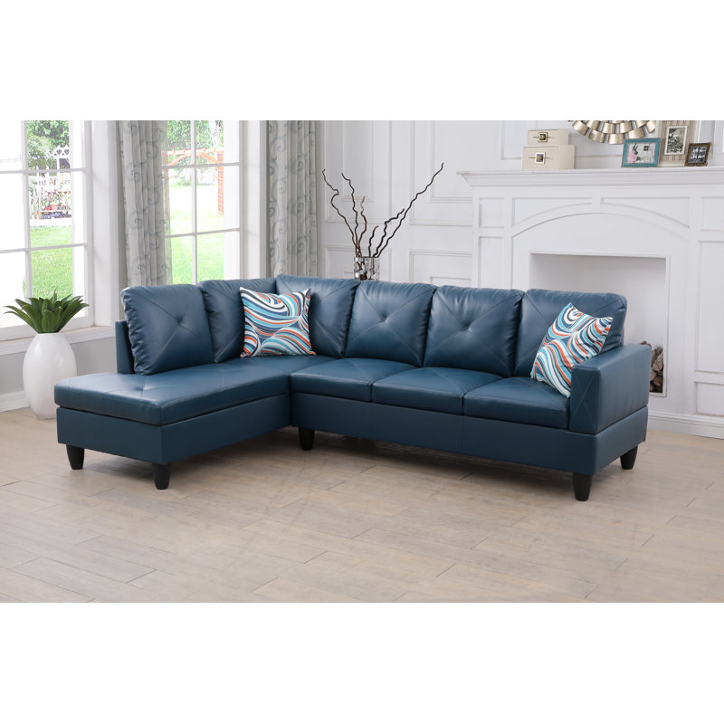 Glennia Faux Leather L-Shaped Sectional, Blue Faux Leather, Left Hand Facing