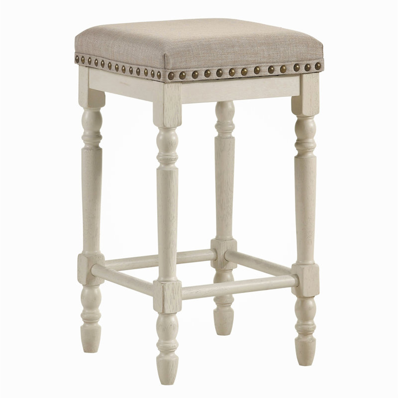 Antique White Wood Counter Height Stool with Beige Upholstery