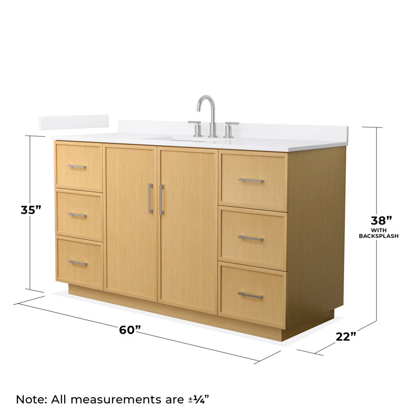 Elan TK 60" Freestanding Single Bathroom Vanity with Quartz Top, Brushed Nickel, White Quartz, Light Oak