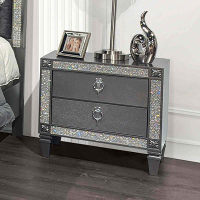 Table de chevet 1pc avec poignées anneaux en nickel, pieds fuselés et garniture en acrylique pour le rangement et l'organisation de la chambre à coucher